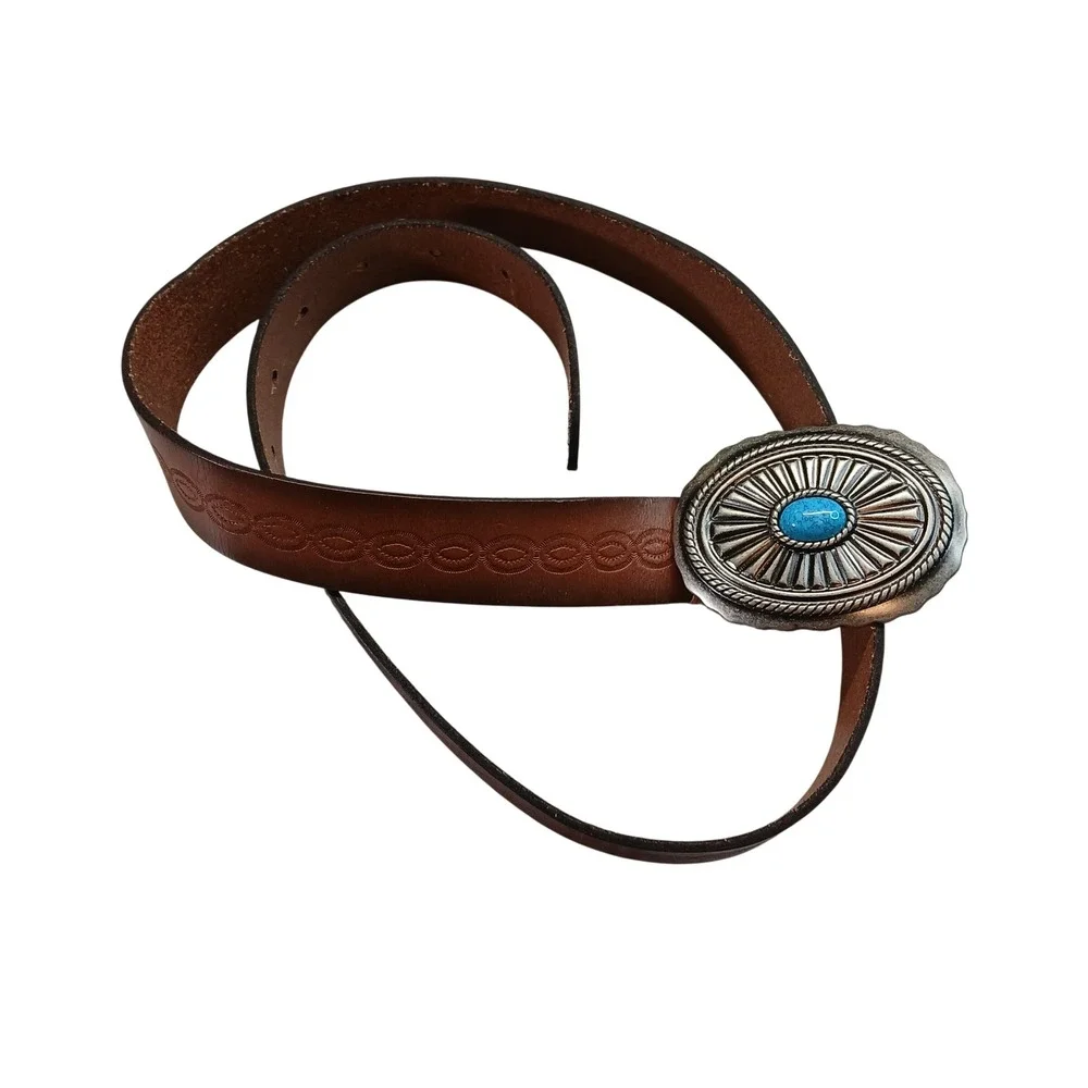 American Eagle Brown Leather Western Belt Turquoise Sunburst Buckle Small